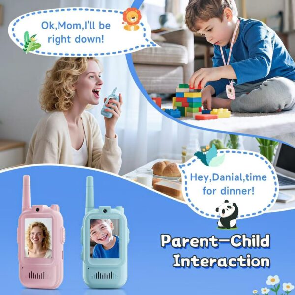 Set Walkie Talkie WiFi pentru Copii, Flippy, Set 2 Statii, Apeluri Video, cu Ecran de 2", Efecte Voce, Reincarcabile, Cabluri TYPE-C, Raza pana la 500 m, 12 x 5 x 2 cm, Roz/Albastru