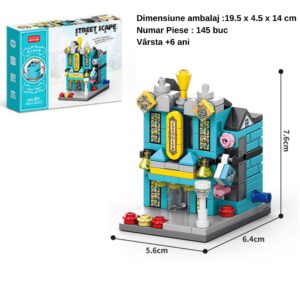 Set de Constructie, Flippy, Jucarie Educativa STEM,  145 Piese, Model 3D, +6 Ani, Colectia Strada Comerciala Europeana, 6.4 x 5.6 x 7.6 cm, Albastru/Galben