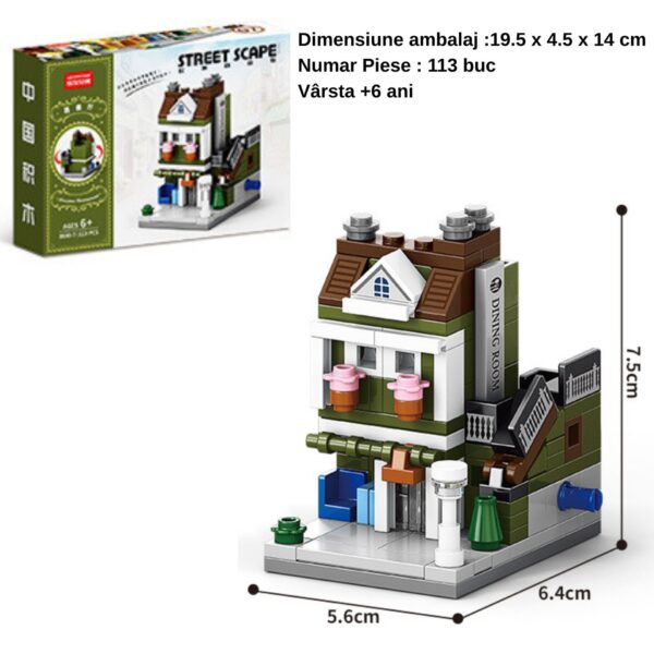 Set de Constructie, Flippy, Jucarie Educativa STEM, 113 Piese, Model 3D, +6 Ani, Colectia Strada Comerciala Europeana, 6.4 x 5.6 x 7.5 cm, Verde/Maro
