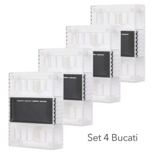 Aplica solara LED pentru Gradina, Flippy, Set 4 Bucati, ABS/Policarbonat, Rezistenta la apa IP65, pentru perete, 1.2V, 600mah, 10x2.5x7 cm, Lumina Alb calda, Transparenta