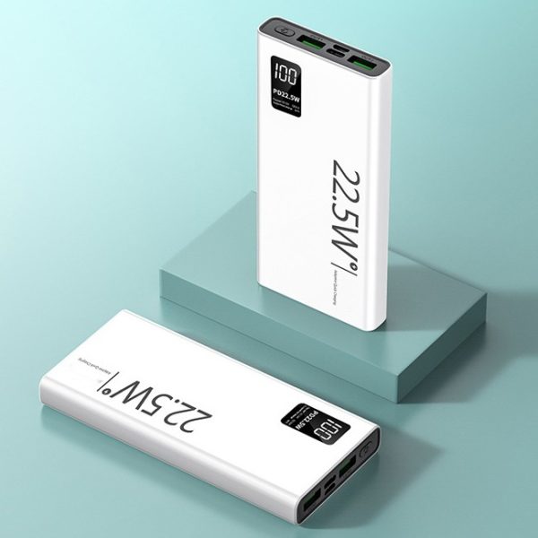 Baterie Externa Powerbank, Flippy, Ultra-Subtire cu Ecran Digital, Compatibilitate Universala, TYPE-C si USB x2, 10000 mAh, Power Delivery 22.5W, 144x66x16 mm, Alb