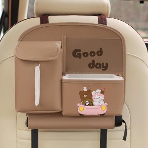 Geanta Multifunctionala de Depozitare, Flippy, pentru Bancheta din Spate a Masinii, Animat, Model Ursuleti, Scris Good Day, Suport Servetele si Telefon, 25x31 cm, Maro
