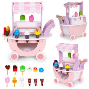 Carucior cu Inghetata pentru Copii, Flippy, din Lemn, Magnetic, Joc de Rol Montessori, cu Depozitare si Roti, 41x19x44 cm, Roz