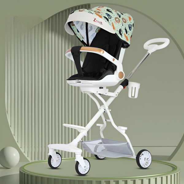 Carucior Sport Flippy 3in1, 6-36 Luni, Reversibil, Pliabil, Tavita pentru Masa, Pozitie de Somn, Centura de Siguranta, Roti 360, Suport Pahar, Copertina pentru Soare, 32x63x95cm, Verde Model Jungla
