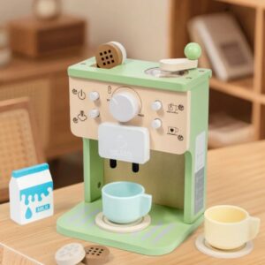 Aparat de Cafea pentru Copii, Flippy, Espressor de Cafea pentru Copii, Jucarie din Lemn, Set Barista din 10 Piese, 15 x 12.2 x 21.5 cm, Verde/Bej