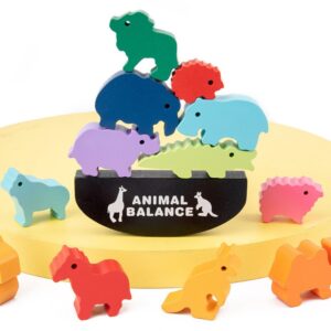 Jucarie Educativa Montessori, Flippy, Model Animal Balance din Lemn, Joc Interactiv Senzorial pentru Copii, Turnul Echilibrului cu 12 Animale Colorate, Dezvolta Motricitatea Fina si Rabdarea, Materiale Naturale Eco, 3 ani+, Multicolor