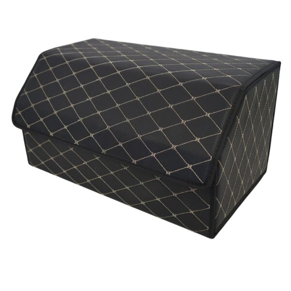 Cutie de Depozitare Auto, Flippy, Organizator Premium Portbagaj, Geanta Multifunctionala, Piele Ecologica, Pliabil  si Rezistent la Uzura, 2 Compartimente Depozitare, Pliabil  si Rezistent la Uzura, Negru/Alb, 55 x 30 x 30cm