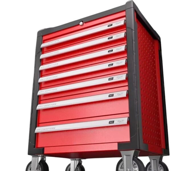 Dulap Mobil Pentru Scule, Flippy, Carucior Atelier Profesional, 7 Sertare, Roti cu Frana, Cu Lacat, Sistem Autoblocare Sertare, Blat Superior cu Organizator, Rosu/Negru
