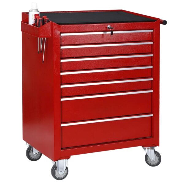 Dulap Mobil pentru Scule, Flippy, Carucior Profesional cu 7 Sertare, Incuietoare si Roti cu Frana, Blat de Lucru Anti-alunecare, 91 x 68 x 46 cm, Rosu/Negru