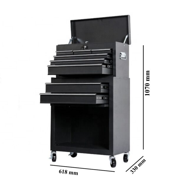 Dulap pentru scule 2 in 1, Flippy, Carucior Atelier pe Roti, 8 Sertare, Cutie Detasabila, cu Incuietoare, 61.8 x 33 x 107 cm, Negru