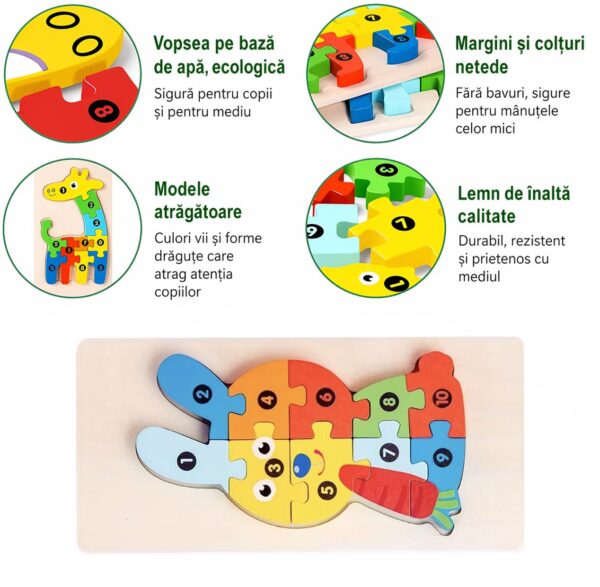 Puzzle din Lemn 3D Montessori, Flippy, Jucarie Educativa pentru Copii, 0-3 Ani, Vopsea Ecologica, Dezvolta Motricitatea Fina, Coordonarea, Logica,  11 Piese, Model Iepure, Multicolor