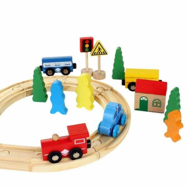 Set Circuit Trenulet din Lemn, Flippy, 33 Piese, Trenulet Magnetic, Jucarie Educativa Montessori, Masini de Interventie si Accesorii Urbane, 3 ani+, Multicolor