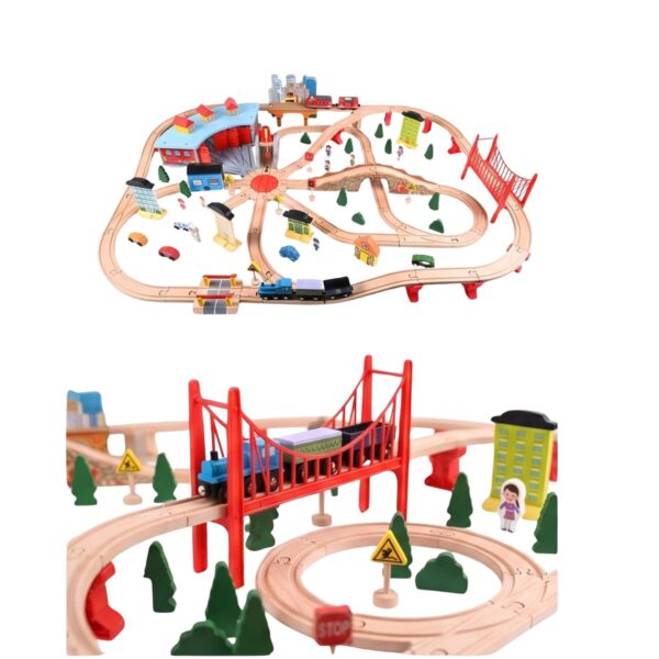 Mega Set Circuit Trenulet din Lemn, Flippy, 118 Piese, Locomotiva Electrica, Jucarie Educativa Montessori, Depou Central cu Placa Turnanta, Pod Suspendat, Macarale si Accesorii Oras, 3 ani+, Multicolor