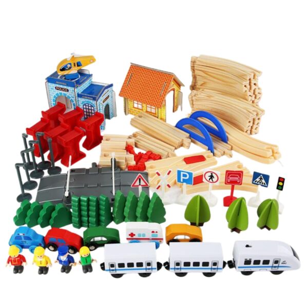 Mega Set Circuit Trenulet din Lemn, Flippy, Locomotiva Electrica cu Sine de Lemn, 96 Piese, Jucarie Educativa Montessori, Circuit Feroviar cu Pod, Sectie de Politie si Helicopter, 3 ani+, Multicolor