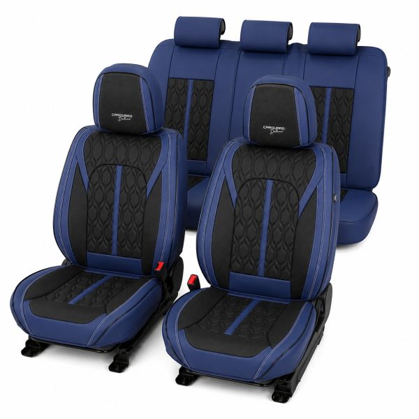 Huse auto premium 5 locuri Carguard Deluxe piele ecologică perforată - albastru inchis - negru