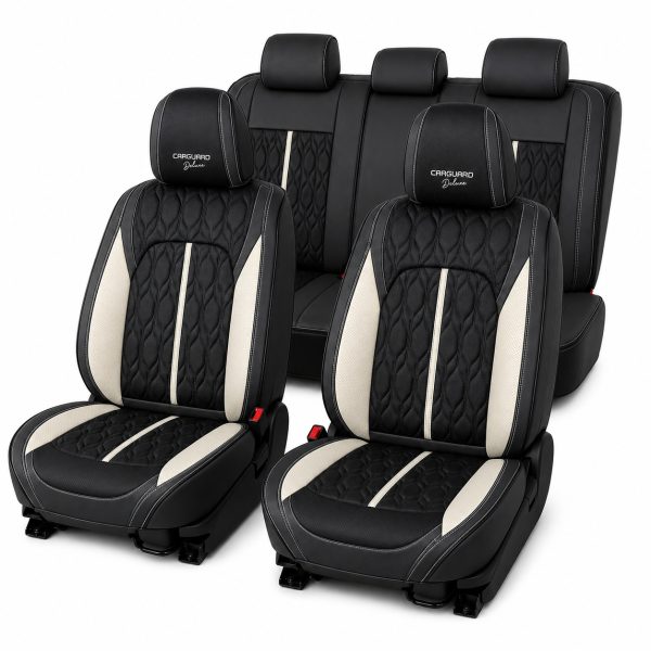 Huse auto premium 5 locuri Carguard Deluxe piele ecologică perforată - negru - alb