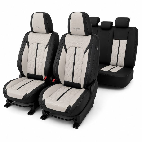 Huse auto premium 5 locuri Carguard Deluxe piele ecologică perforată - negru - crem
