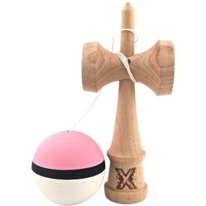 Kendama X Originala, Profesionala, Flippy, din Lemn, 18 cm, Rubber Grip, Roz/Negru/Alb