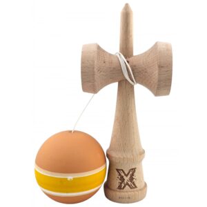 Kendama X Originala, Profesionala, Flippy, din Lemn cu Bila cu Invelis din Cauciuc, 18 x 6 x 7 cm, Rubber Grip, Portocaliu/Galben/Alb