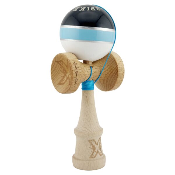 Kendama X ROYAL SPIKE Originala, Profesionala, Flippy, Big Cups V2, Super Sticky cu Cupe Mari, Rulment Metalic, din lemn 18 cm, Ata 55 cm, Negru/Albastru Silver/Alb