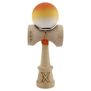 Kendama X Originala, Profesionala, Flippy, Cupe Mari KING SIZE V3, Rubber Grip, Gaura in Baza, Rulment Metalic, din lemn 18 cm, Ata 62/65 cm, Gradient Portocaliu/Galben/Alb