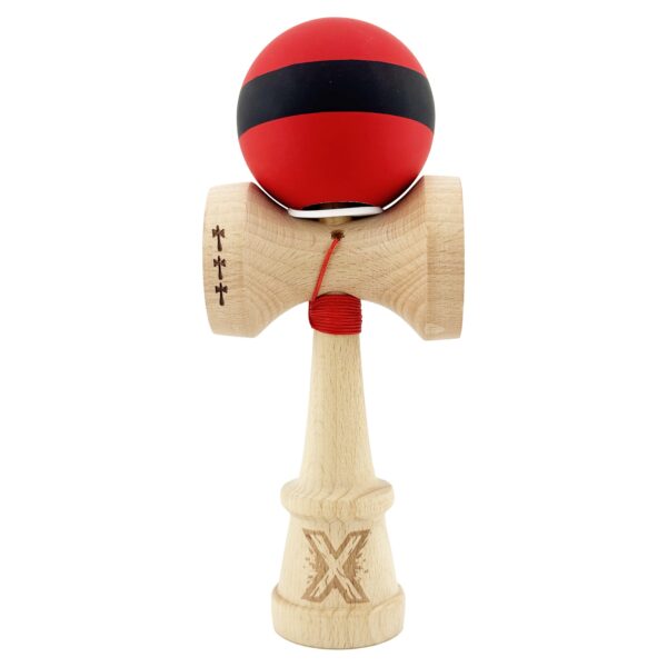 Kendama X Originala, Profesionala, Flippy, Cupe Mari KING SIZE V3, Rubber Grip, Gaura in Baza, Rulment Metalic, din lemn 18 cm, Ata 62/65 cm, M Bicolor Rosu Dublu/Negru