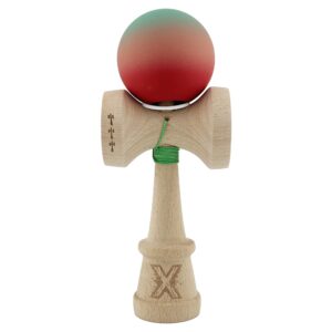 Kendama X Originala, Profesionala, Flippy, Cupe Mari KING SIZE V3, Rubber Grip, Gaura in Baza, Rulment Metalic, din lemn 18 cm, Ata 62/65 cm, Gradient Verde/Roz/Rosu