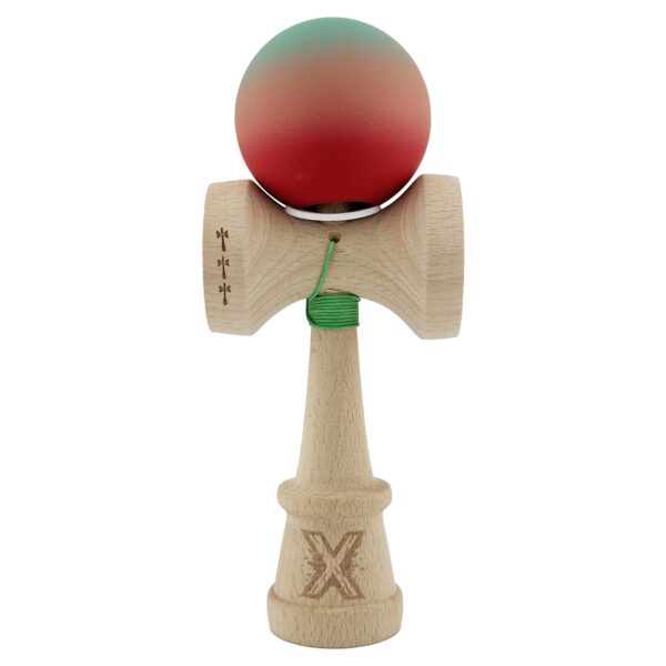 Kendama X Originala, Profesionala, Flippy, Cupe Mari KING SIZE V3, Rubber Grip, Gaura in Baza, Rulment Metalic, din lemn 18 cm, Ata 62/65 cm, Gradient Verde/Roz/Rosu