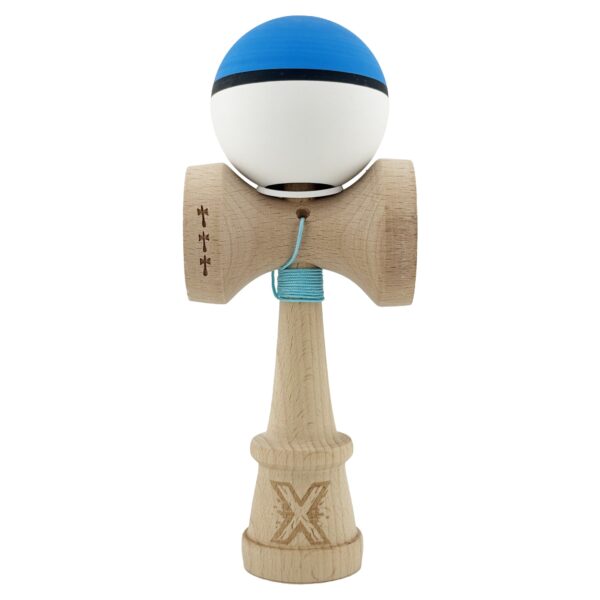 Kendama X Originala, Profesionala, Flippy, Cupe Mari KING SIZE V3, Rubber Grip, Gaura in Baza, Rulment Metalic, din lemn 18 cm, Ata 62/65 cm, S Bicolor Albastru/Alb