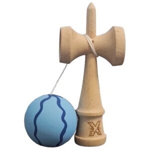 Kendama X Originala, Profesionala, Flippy, Rubber Grip, din Lemn, 18 cm, Albastru deschis