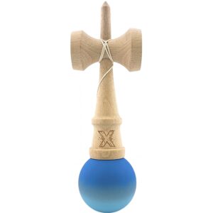 Kendama X Originala, Profesionala, Flippy, din Lemn, Rubber Grip, 18 cm, Albastru inchis/Gri/Albastru deschis