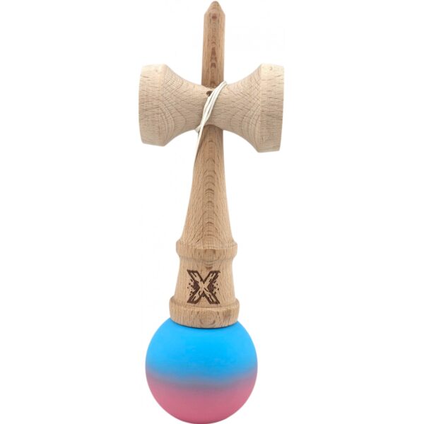 Kendama X Originala, Profesionala, Flippy, din Lemn, Rubber Grip, 18 cm, Albastru/Roz