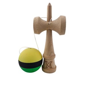 Kendama X Originala, Profesionala, Flippy, din Lemn, Rubber Grip, 18 cm, Galben/Negru/Verde