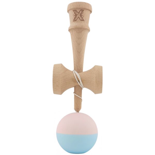 Kendama X Originala, Profesionala,  Flippy, din lemn, Rubber Grip, 18 cm, Roz/Albastru