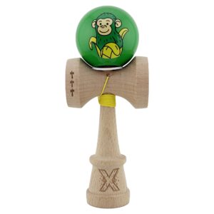 Kendama X Originala, Profesionala, Flippy, Green Monkey, Super Sticky cu Cupe Mari King Size V3, Rulment Metalic si Gaura in Baza, din Lemn 18 cm, Ata 62/65 cm, Verde