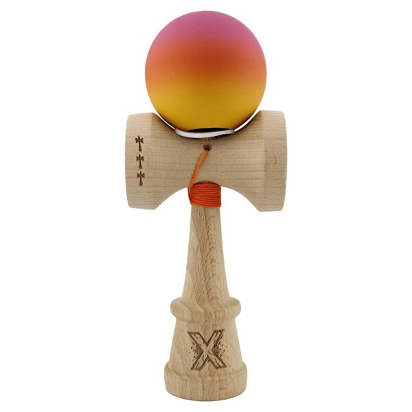 Kendama X Originala, Profesionala, Flippy, Rubber Grip, Cupe Mari KING SIZE V3, Gaura in Baza, Rulment Metalic, din lemn 18 cm, Ata 62/65 cm, Roz/Portocaliu/Galben
