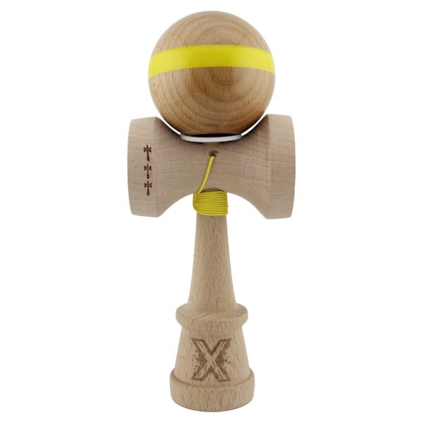 Kendama X Originala, Profesionala, Flippy, Super Sticky, Cupe Mari KING SIZE V3, Gaura in Baza, Rulment Metalic, din lemn 18 cm, Ata 62/65 cm, Original Galben