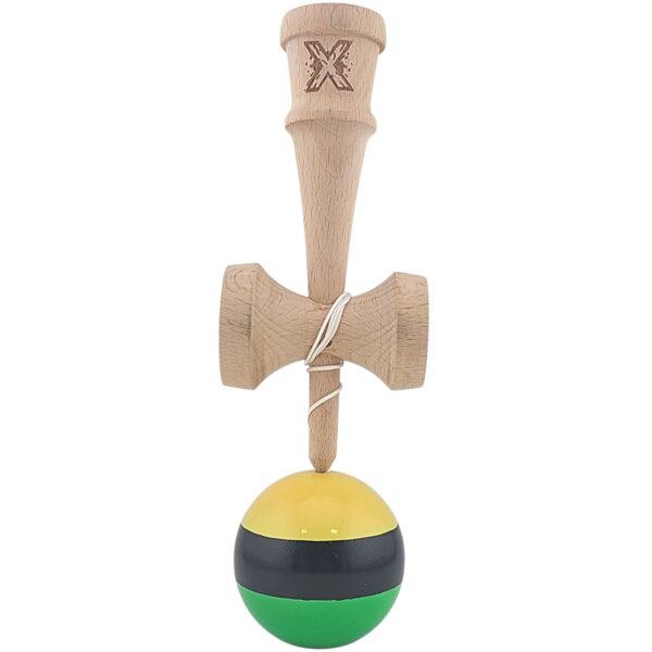 Kendama X Originala, Profesionala, Flippy, Super Sticky din Lemn, 18 cm, Galben/Negru/Verde