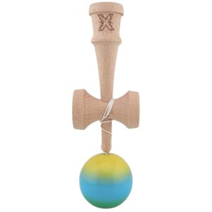 Kendama X Originala, Profesionala, Flippy, Super Sticky din Lemn, 18 cm, Gradient Galben/Albastru deschis/Verde
