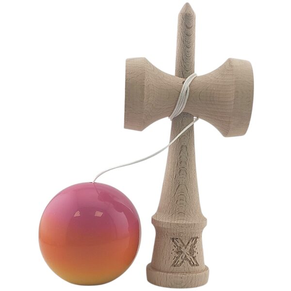 Kendama X Originala, Profesionala, Flippy, Super Sticky, din Lemn, 18 cm, Roz, Portocaliu, Galben