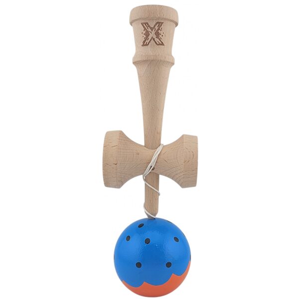 Kendama X Originala, Profesionala Limited, Flippy, din Lemn, Super Sticky, 18 cm, Albastru/Portocaliu