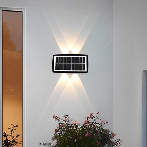 Lampa solara LED bidirectionala dreptunghiulara pentru perete Flippy, 20.5x10 cm, 6 LED-uri, 5.5V, ABS, 500mAh, rezistent la apa IP65, alb cald