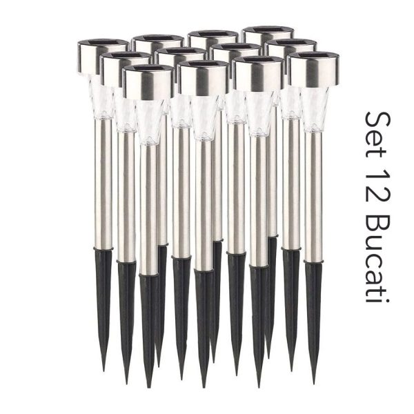 Lampa solara LED de Gradina, Flippy, Set 12 Bucati, Dispersor normal, putere 0.06W, Rezistenta IP 44, Lumina Alba Rece, 29 x 4.5 x 4.5 cm, Argintiu