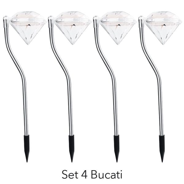 Lampa solara LED pentru Gradina, Flippy, Set 4 Bucati, Tip Diamant, Inaltime 30 x 9 cm, 2V, ABS, 600mAh, Lumina Alb Rece, Argintiu