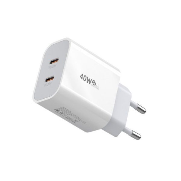 Incarcator Fast Charge pentru Telefon, Flippy, Power Delivery 40W, Dual Port Type-C la PD20W, Compatibil cu orice Telefon, Alb