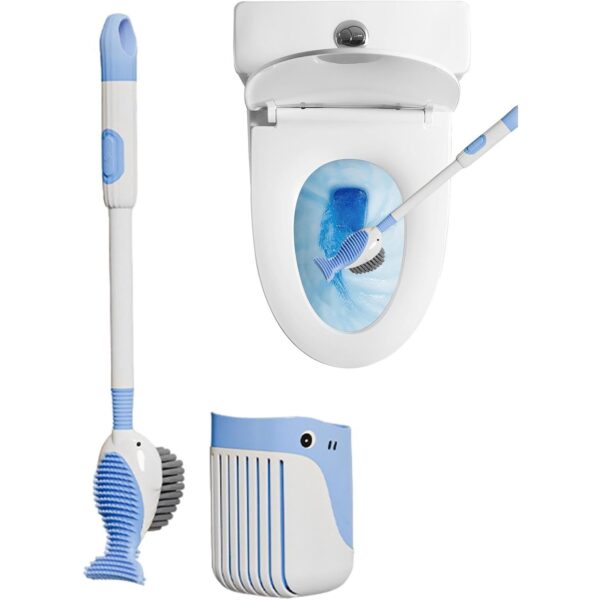 Perie de Toaleta, Flippy, cu Suport de Perete, Recipient Detergent, 2 Tipuri de Perii, Model Balena, Albastru