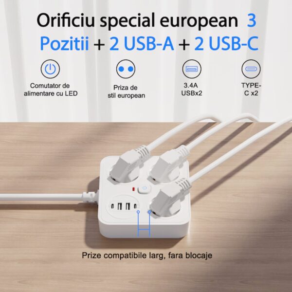 Prelungitor Multifunctional pentru Birou, Flippy, 3 Prize, 2 USB-A, 2 TYPE-C, Suport pentru Telefon, 3250W, Lungime Cablu 2 m, 11.4 x 12.4 cm, Alb