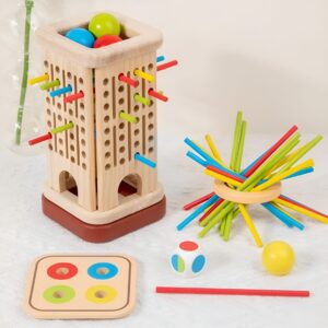 Jucarie Educativa Montessori, Flippy, 3 in 1 din Lemn, Joc Interactiv Senzorial pentru Copii, Turn cu Betisoare si Bile, Dezvolta Motricitatea Fina si Logica, 3 ani+, Multicolor