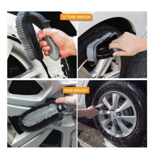 Set 10 Piese pentru Spalat Auto, Flippy, din Plastic si Microfibra, Perii si Lavete, Model C, Gri
