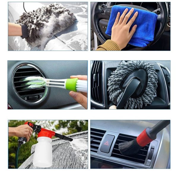 Set 29 Accesorii pentru Curatare Auto, Flippy, din PP si Microfibra, Interior/Exterior, 30 x 24 x 12 cm, Albastru/Negru
